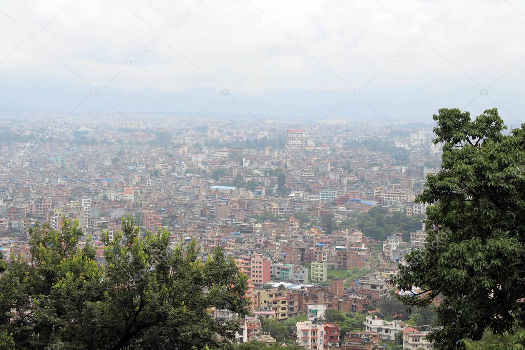 Kathmandu city, as seen from the Swayambhunath Stupa on the hill. Taken in Nepal, August 2018.