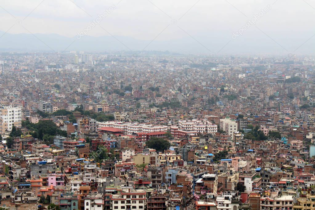 Kathmandu city, seen from the Swayambhunath Stupa on the hill. Taken in Nepal, August 2018.