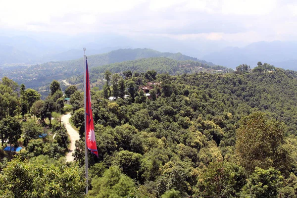 Nepal Flagga Med Utsikt Över Dalen Kathmandu Sett Från Dhulikhel — Stockfoto