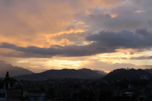 Romantik Günbatımı Görünümünden Swayambhunath Stupa Kathmandu Çatı Nepal Ağustos 2018 — Stok fotoğraf