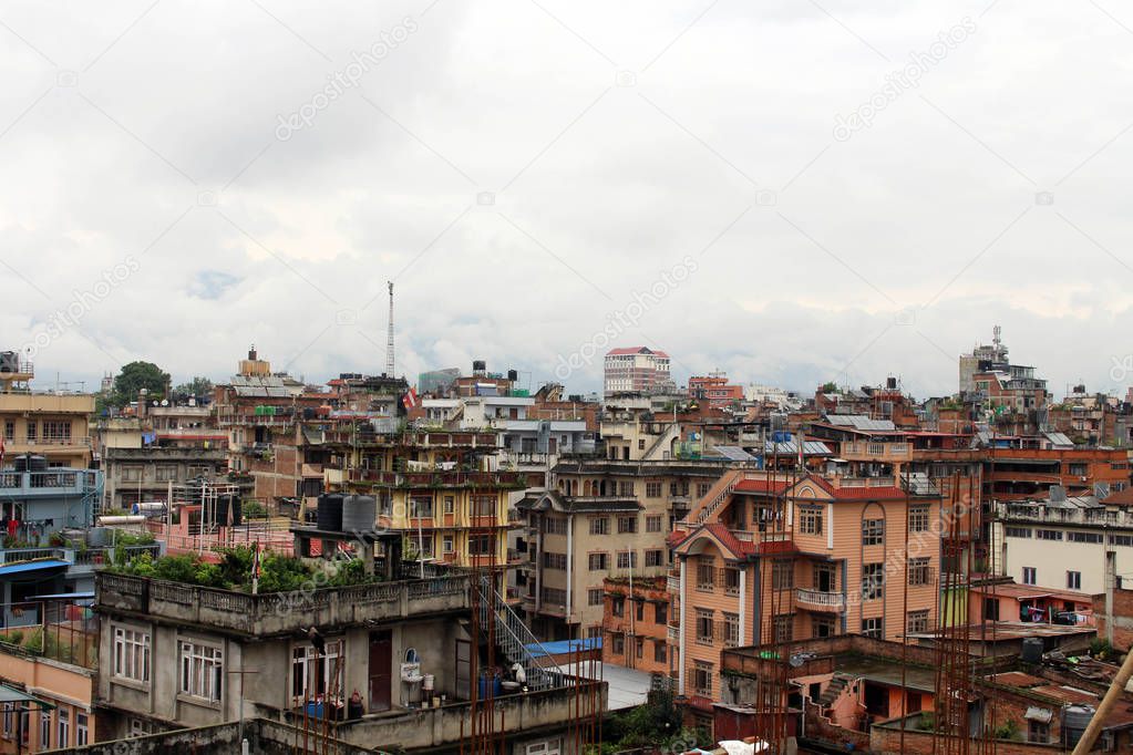 The typical buildings and tenements (including the prayer flags) around Kathmandu city. Taken in Nepal, August 2018.
