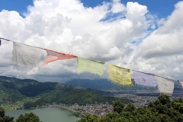 Las Banderas Oración Pokhara Pagoda Paz Mundial Tomado Nepal Agosto — Foto de Stock