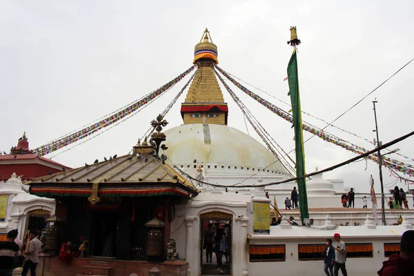 Kleurrijke Gebedsvlaggen Van Bouddhanath Stupa Kathmandu Genomen Nepal Augustus 2018 — Stockfoto