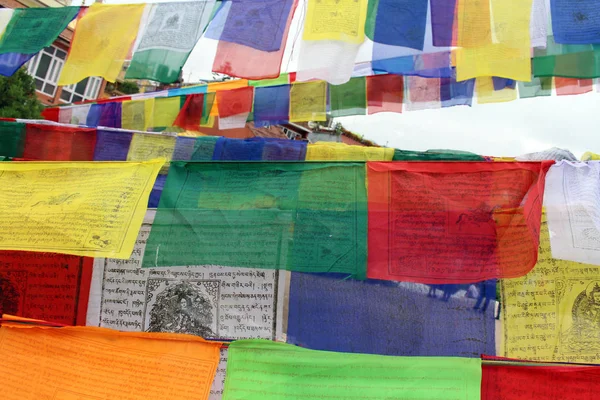 Flagi Modlitewne Kolorowy Stupy Boudhanath Katmandu Podjęte Nepalu Sierpień 2018 — Zdjęcie stockowe
