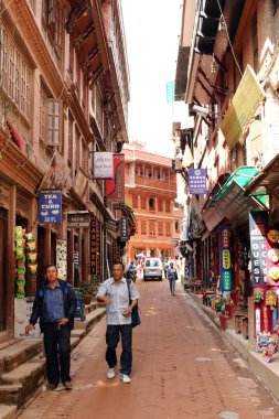 Sokağın Bhaktapur Durbar Meydanı, Katmandu Vadisi'nde bir Unesco miras çevresinde. Nepal'de, Ağustos 2018 alınan.