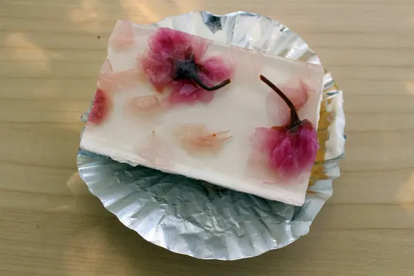 A piece of tart cake made of pink sakura in Japan — Stock Photo, Image