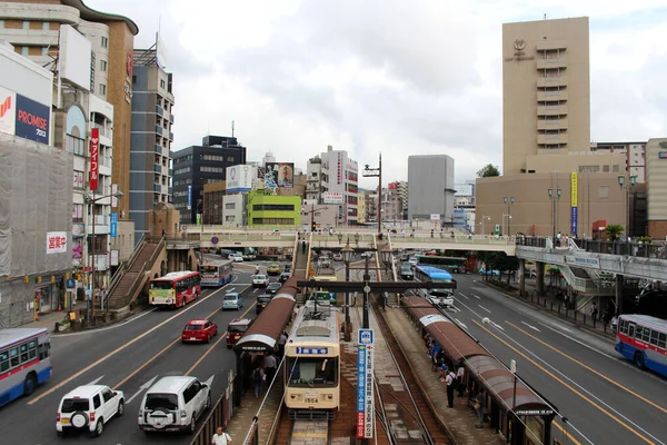Das Öffentliche Verkehrssystem Vor Dem Bahnhof Von Nagasaki Japan Aufnahme — Stockfoto