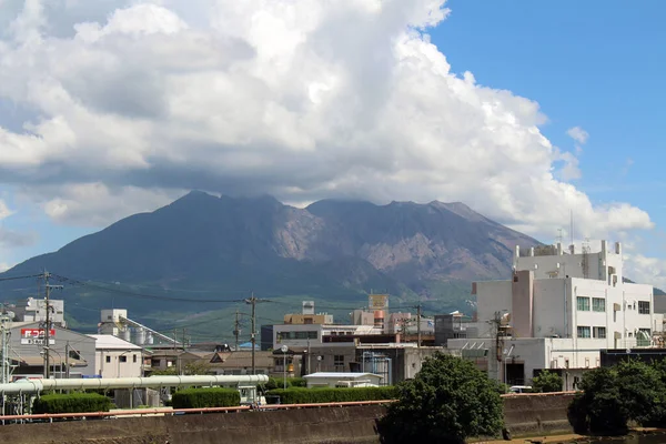 Nublado Sakurajima Kagoshima Vista Desde Calle Tomado Agosto 2019 — Foto de Stock