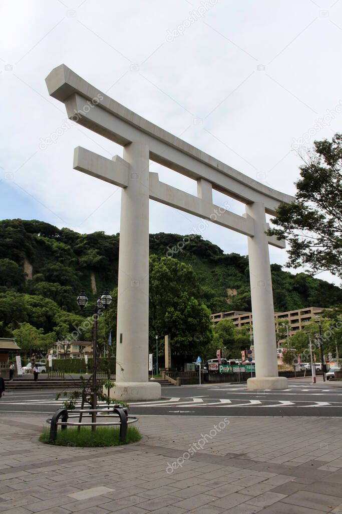 Big Torii gate of Terukuni Jinja Shrine in Kagoshima. Taken in August 2019.