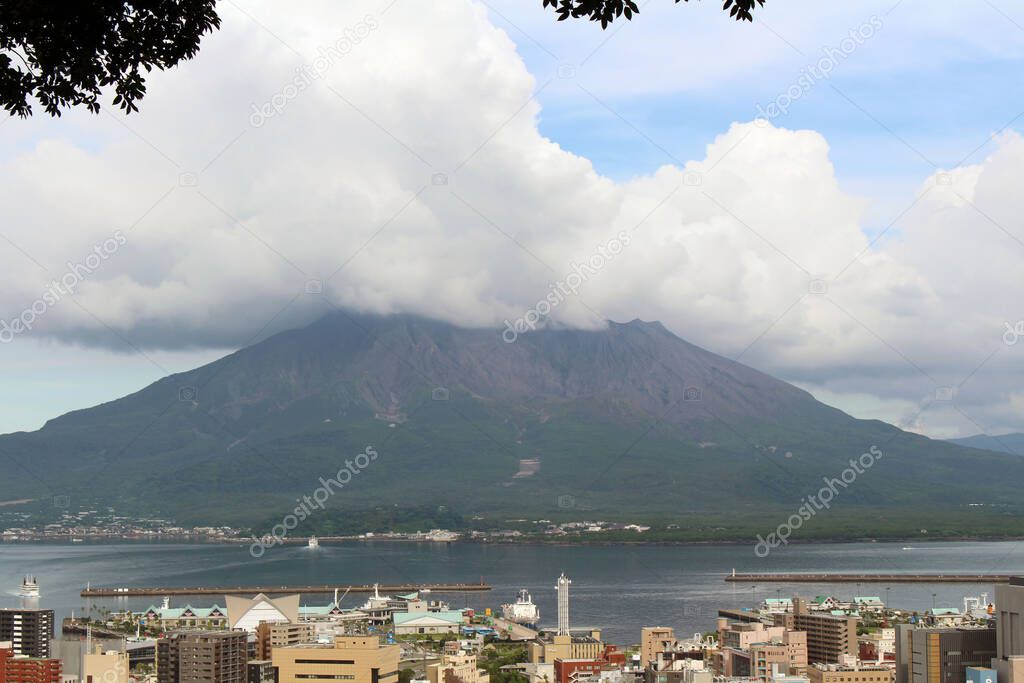 Mount Sakurajima of Kagoshima, view from Shiroyama Observatory in daytime. Taken in August 2019.