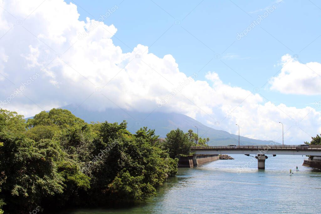 Bridge overlooking Sakurajima of Kagoshima. Taken in August 2019.