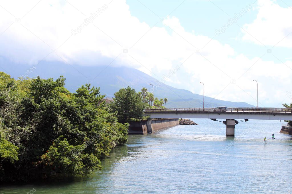 Bridge overlooking Sakurajima of Kagoshima. Taken in August 2019.