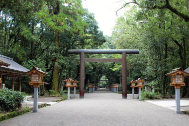 Torii Shinto kapısı ve Miyazaki Jingu Tapınağı 'nın toro aydınlatma ekipmanı. Ağustos 2019 'da çekildi..