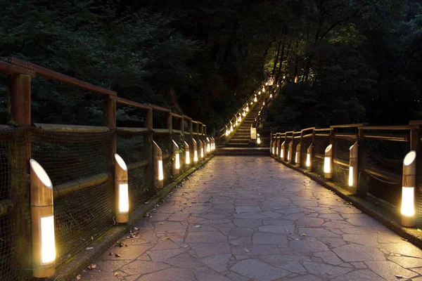 Laternen Leuchten Entlang Der Treppe Rund Die Takachiho Schlucht Miyazaki Stockbild