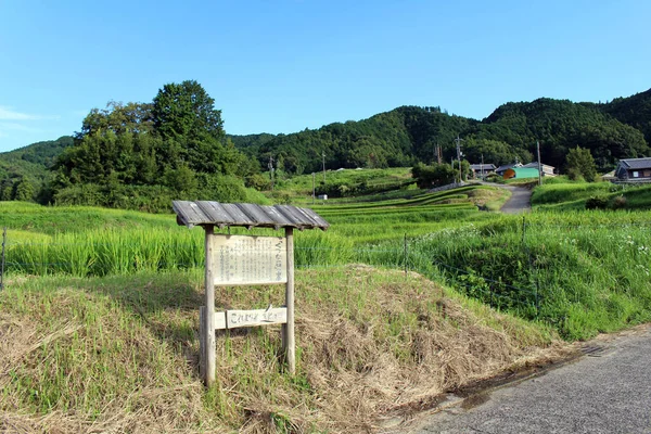 Asuka的道路入口标志 雕塑和稻田 2019年9月拍摄 — 图库照片
