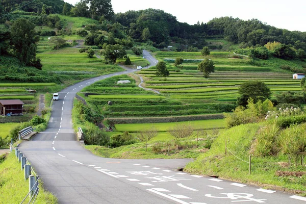 奈良県明日香村の丘陵道路の上り坂と棚田 2019年9月撮影 — ストック写真