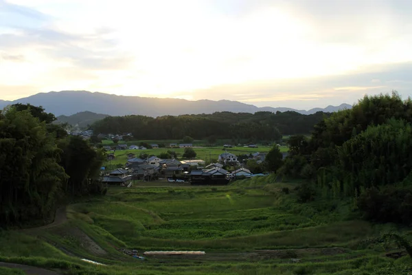 Tramonto Risaia Case Tradizionali Nel Villaggio Asuka Preso Settembre 2019 — Foto Stock