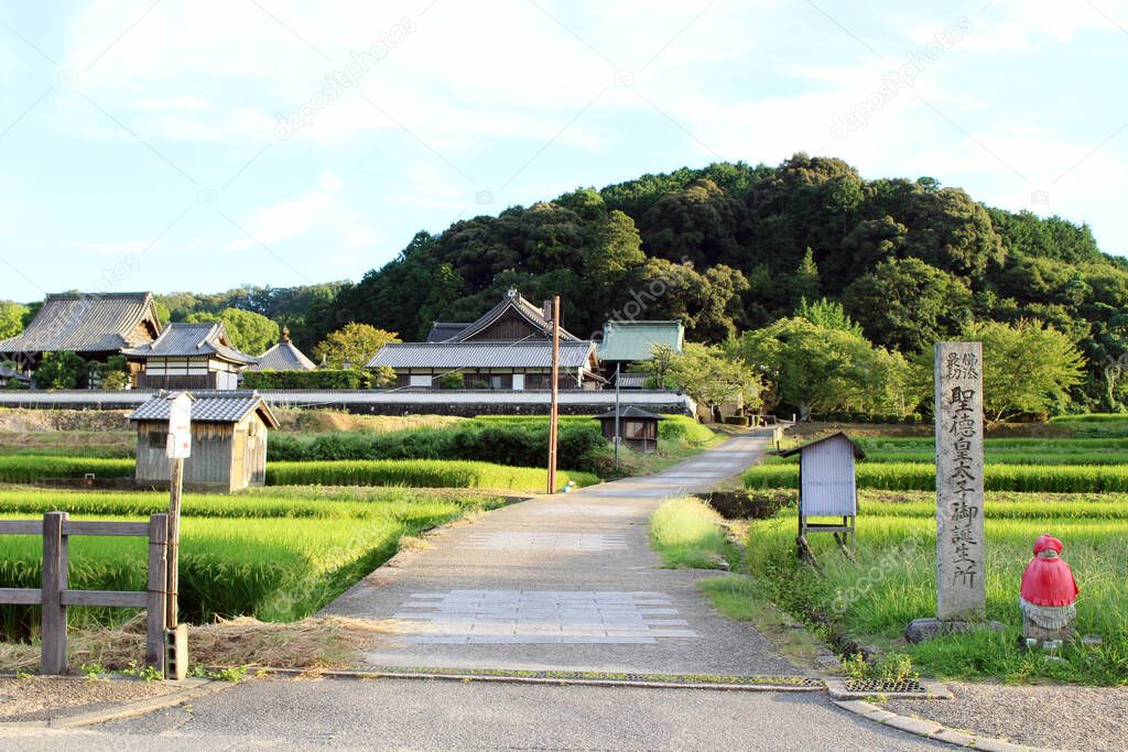 Paddy field and traditional house in a village of Asuka. Taken in September 2019.