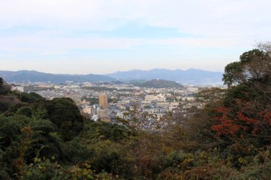 Japonya 'nın Oita kentindeki Beppu şehri ve pagoda manzarasına göz atın. Kasım 2019 'da çekildi..