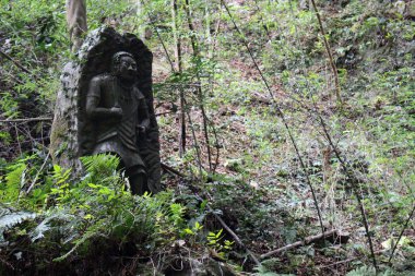 Beppu, Oita 'daki Onbara Şelalesi' nin etrafındaki onilerin heykeli ya da kutsal figür. Eylül 2019 'da çekildi..