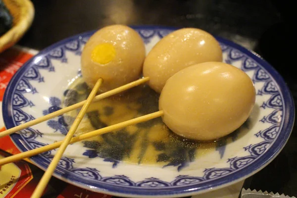 Tallrik Med Tre Ägg Restaurang Kaniya Honten Nagasaki Japan Tagen — Stockfoto