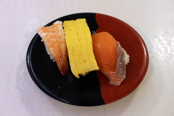 Conjunto Sushi Nigiri Ebi Camarão Camarão Peixe Ovo — Fotografia de Stock