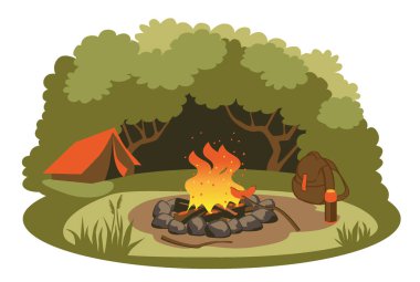 kamp çadır. kamp ateşi orman vektör piknikte