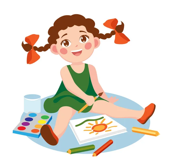 Κορίτσι Σχεδιάζοντας Την Εικόνα Από Χρώματα Και Μολύβια — Διανυσματικό Αρχείο