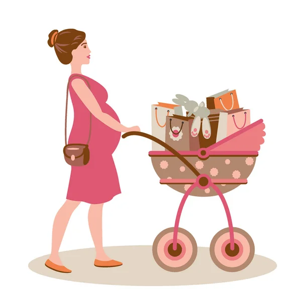 Νεαρή Έγκυος Γυναίκα Πηγαίνει Ψώνια Για Ένα Μελλοντικό Μωρό Προϊόντα — Διανυσματικό Αρχείο