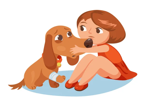 Девушка Обнимает Собаку Сломанной Ногой Дети Домашние Животные Векторная Иллюстрация — стоковый вектор
