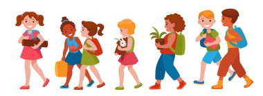 kalabalık farklı toplumsal cinsiyet ve milletlerden çocukların okula gidiyor. Geri okul karikatür vektör çizim için