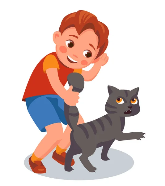 Chico Tira Cola Del Gato Abuso Animales Ilustración Vector Dibujos — Vector de stock