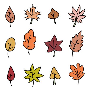 Beyaz arka plan üzerinde izole farklı sonbahar yaprakları kümesi. Elle çizilmiş tarzı. Doodle vektör öğeleri