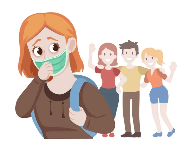 心気症 医療マスクの女の子が友達を回避でき 感染を恐れて 社会から自分自身を分離します 伝染病や感染症 漫画のベクトル図 — ストックベクタ