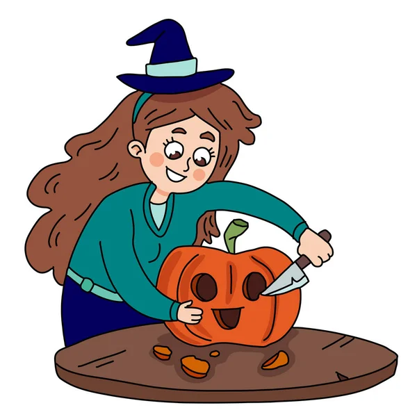 Flicka Witch Hat Skär Halloween Pumpa Hand Dras Vektorillustration — Stock vektor