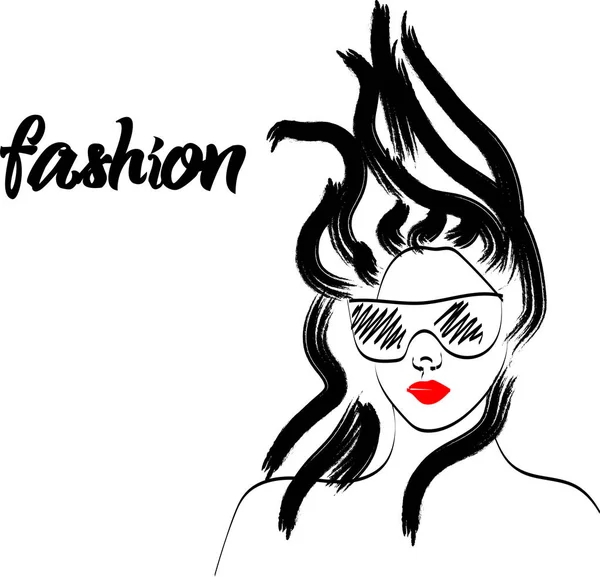 Boceto de moda rápida con chica en gafas, labios rojos — Vector de stock