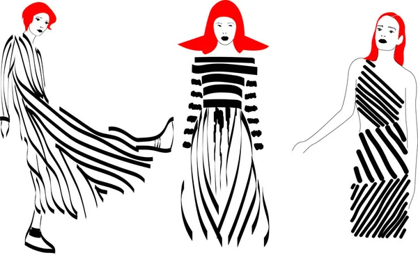 Kız çizgili elbiseler vektör ile hızlı moda kroki