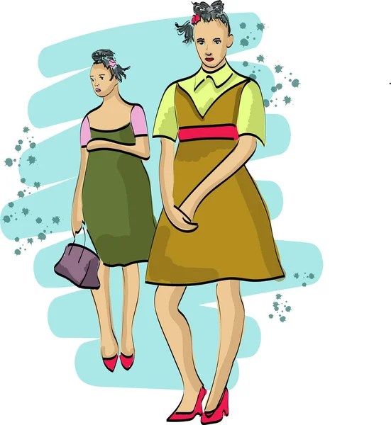 Schnelle Mode-Sketch mit stilvollen Mädchen in Kleidern Vektor eps10 — Stockvektor