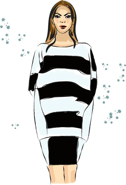Skizze eines Mädchens im schwarz-weißen Kleid — Stockvektor