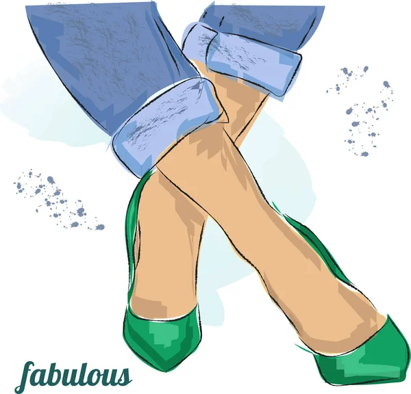 Милі ноги намальовані в зеленому взутті. Модні аксесуари. Ескіз Векторна Графіка