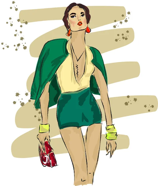 Fashion sketch of girl in green jacket — Stock Vector