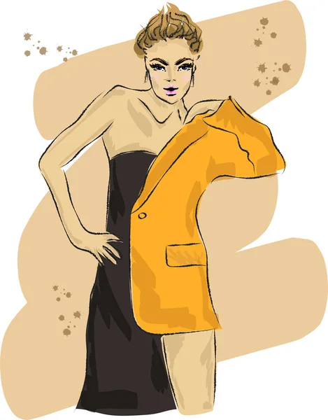 주황색 재킷에 여자의 패션 스케치 — 스톡 벡터