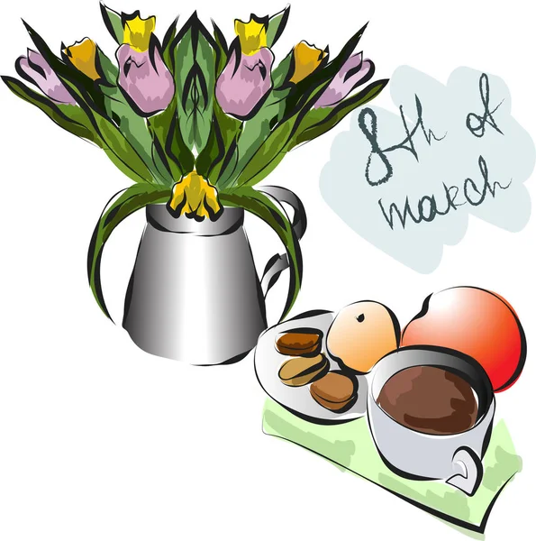 Z życzeniami torby z tulipanów i filiżankę kawy na 8 marca — Wektor stockowy