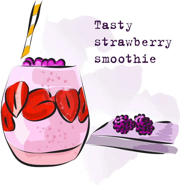 Smoothie dessiné à la main pour aller tasse avec illustration de fraise et lettrage — Image vectorielle