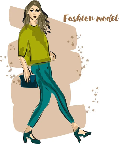 Esquisse de mode de fille en veste verte — Image vectorielle