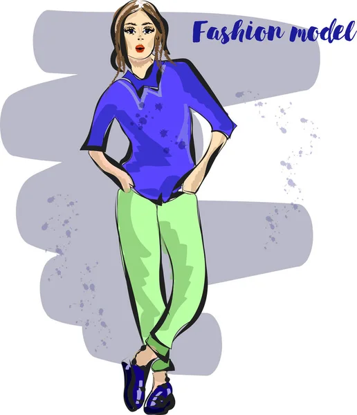 Bozzetto di moda con giovane donna in colore blu — Vettoriale Stock