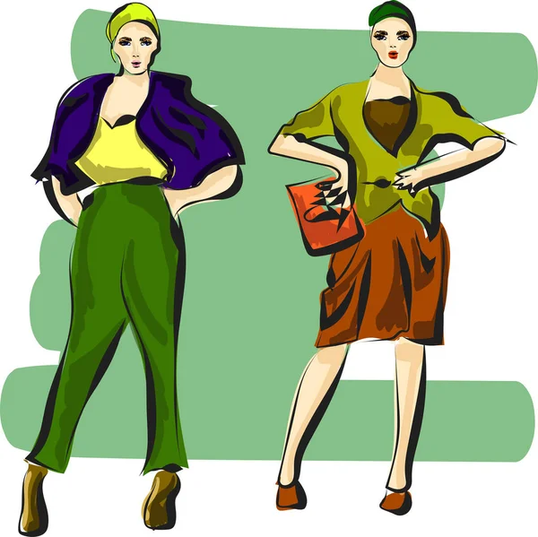 Schneller Mode-Sketch mit stylischen Mädchen in Jacken — Stockvektor