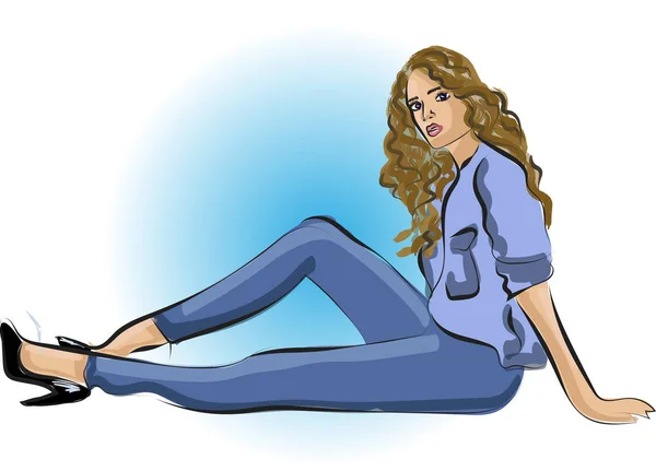 Schnelle Mode-Skizze von Mädchen in blauer Farbe — Stockvektor