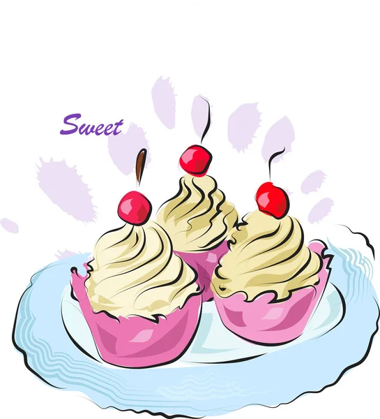 Cupcakes tejföllel és cseresznyére. Poszter, házi készítésű édességek — Stock Vector