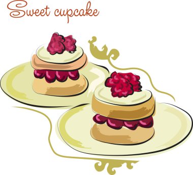 Ekşi krema ve ahududu ile Cupcakes. Ev yapımı tatlılar illüstrasyon ile Poster